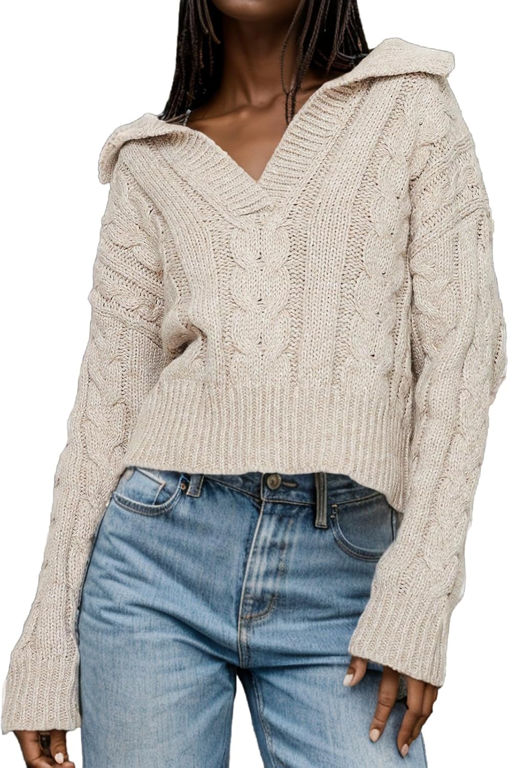Women's V Neck Cable Pullover Sweaters Casual Long Sleeve Cropped Knitted Tops