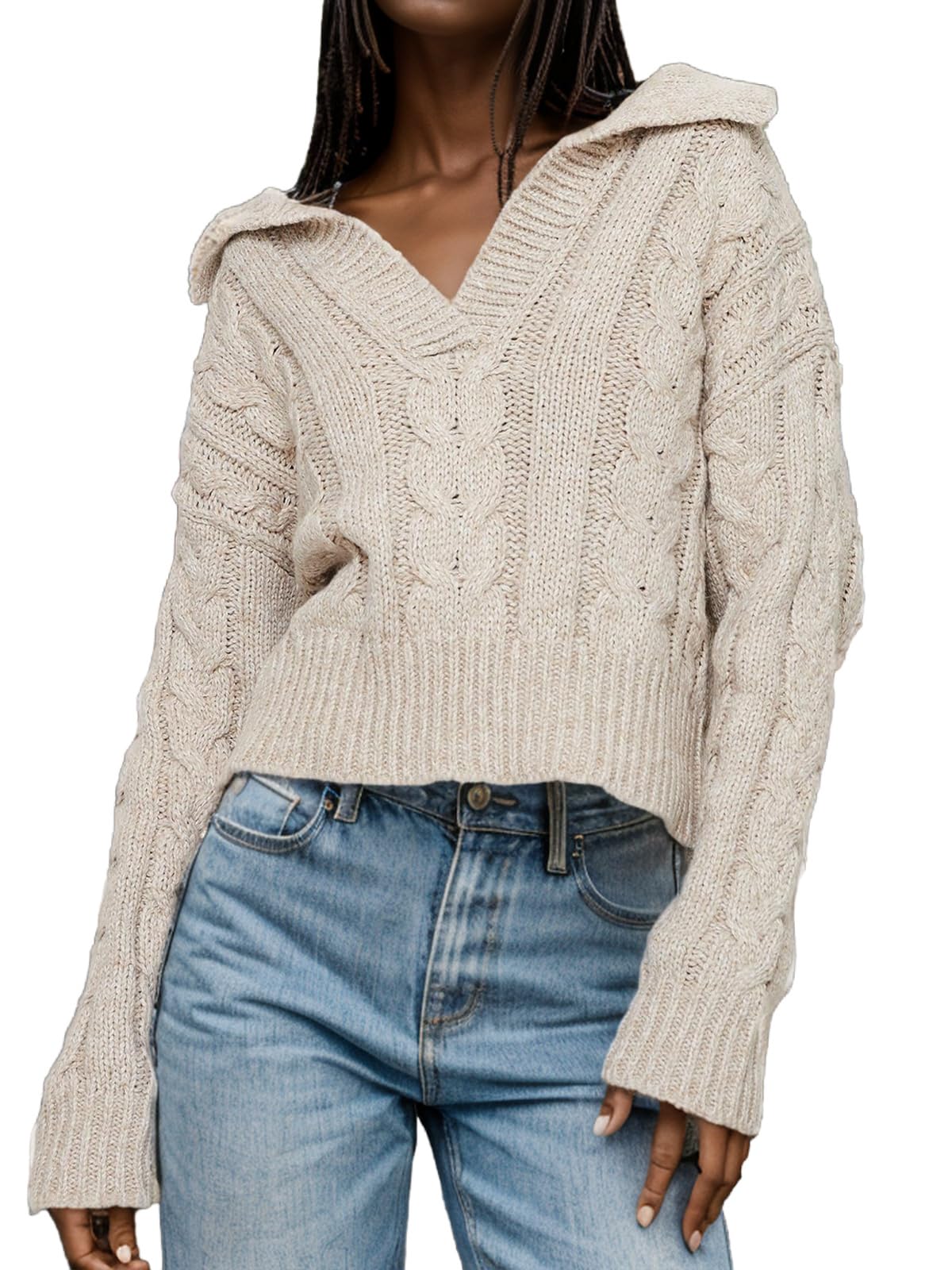 Womens V Neck Cable Pullover Sweaters Casual Long Sleeve Cropped Knitted Tops