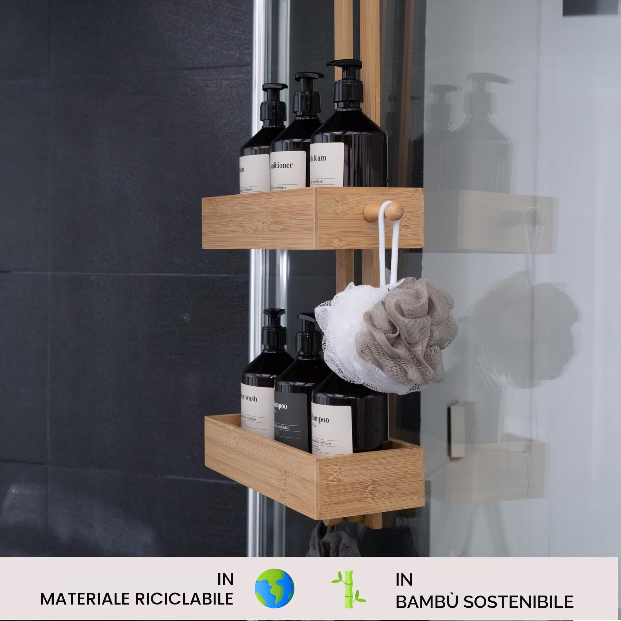 SVADA Mensola doccia senza trapano in bambù – Cestino sospeso in legno – Organizer bagno per shampoo, bagnoschiuma e accessori
