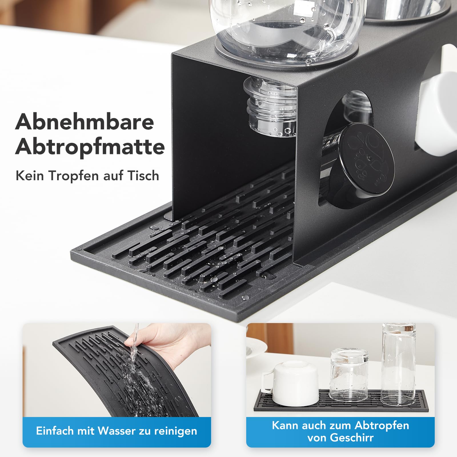 ACTIV Cuisine Flaschenhalter für Sodastream Duo Crystal Flaschen, 3er Edelstahl Abtropfhalter Abtropfgestell platzsparend, Breite 11cm, mit Abtropfmatte, Deckelhalter, Flaschenbürste, Schwarz