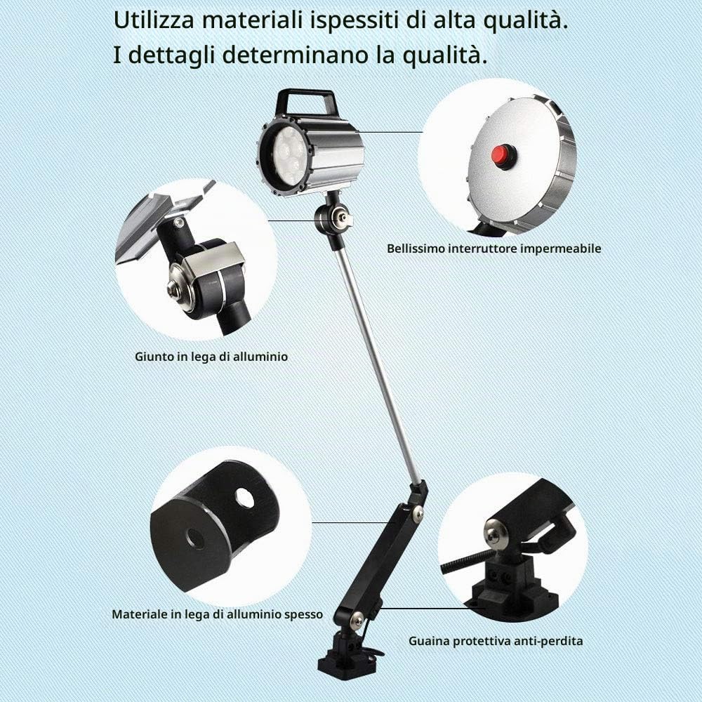 Lampada Pieghevole LED 7W IP67 Con Braccio Lungo - Impermeabile per Macchina Utensile CNC, Tornio - Braccio Prolungato in Alluminio Con Interruttore a Pulsante
