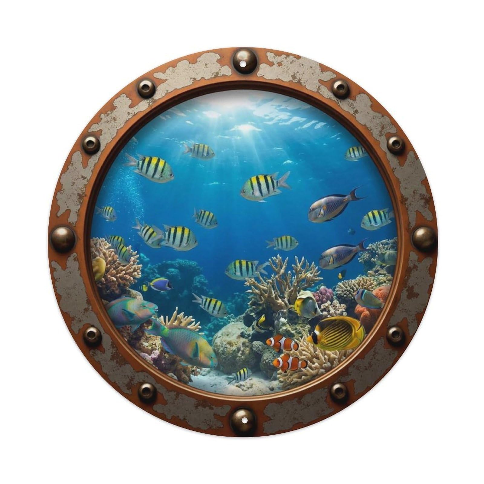 Gead 8X8inch Style Vintage Porthole Sergeant Major Fish Nautical Window View Metal Tin Sign