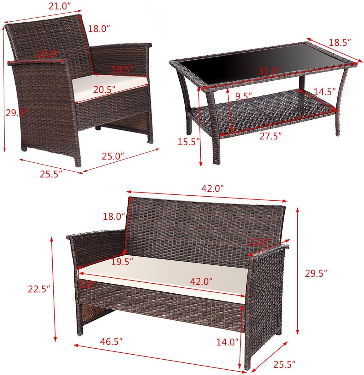 Tangkula AM1567HM Roll Over Image to Zoom Rattan Sofas 4 pcs Wicker Set Outdoor Patio Furniture, Brown 003