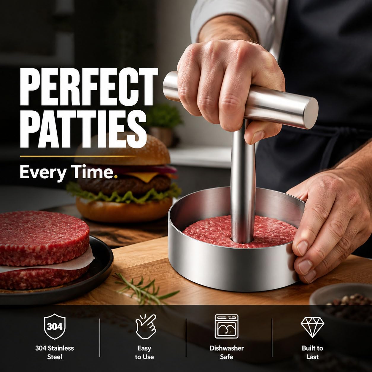 Steak Press Round Patty Mold, Stainless Steel Burger Press Patty Maker，2
