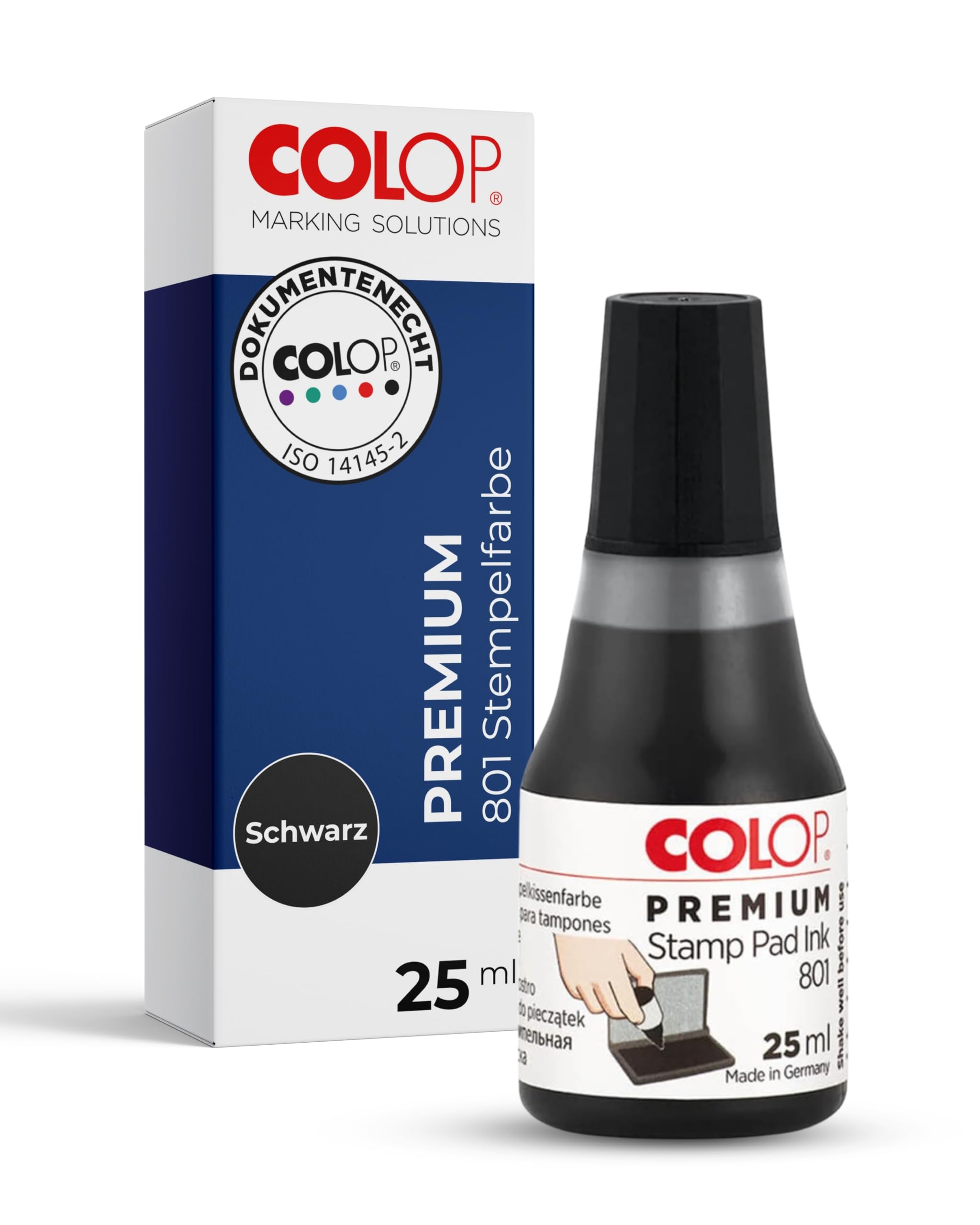 COLOP Premium Stempelfarbe 801 schwarz, auf Wasserbasis, dermatologisch getestet, 15,5 x 6,20 x 8,00 cm