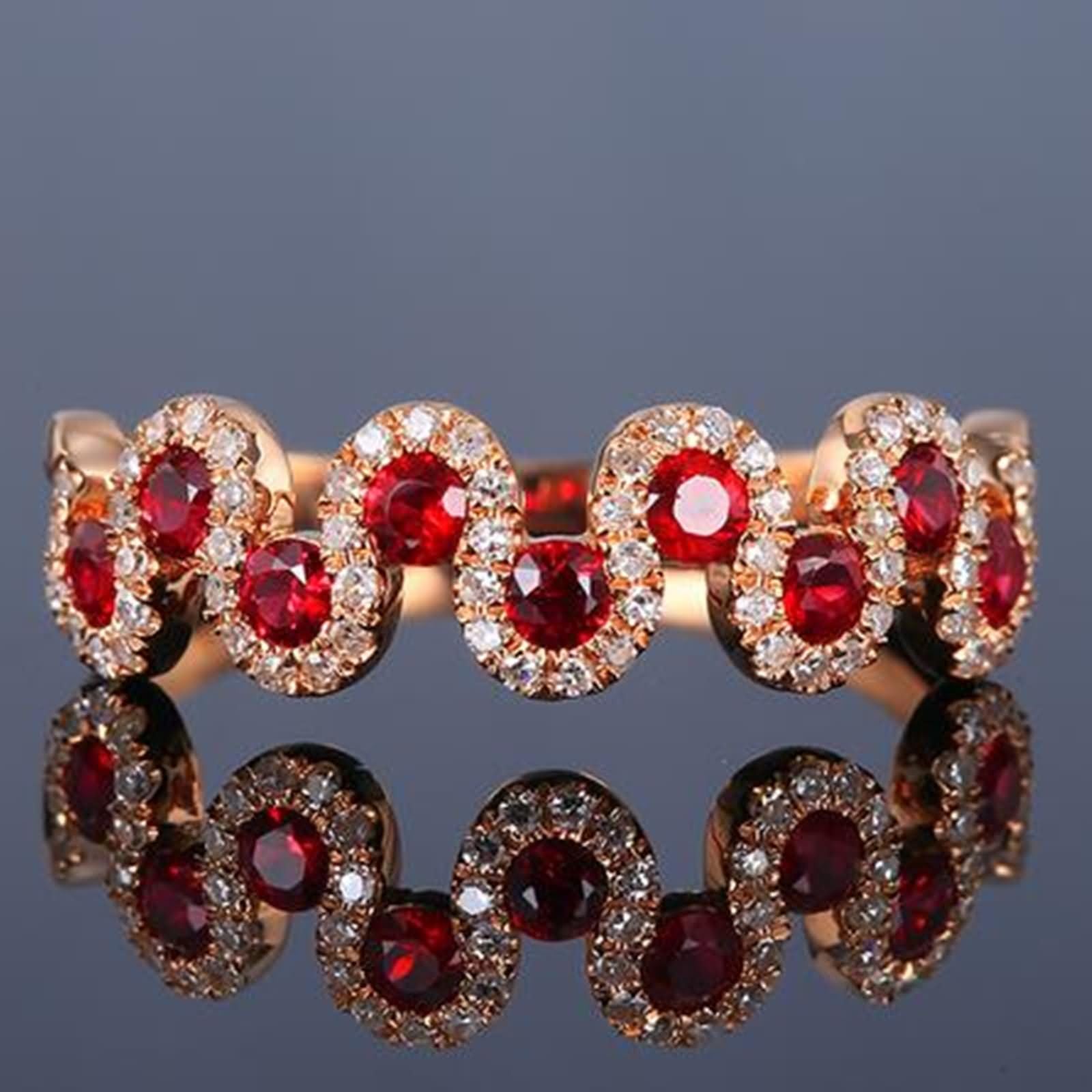 Anillo Alianza de Oro Rosa 9 Kilates / 14 Kilates / 18 Kilates Mujer, Redondo con Rubí Creado de 0.55ct y Moissanita, Anillos Matrimonio Mujer Oro Rosa