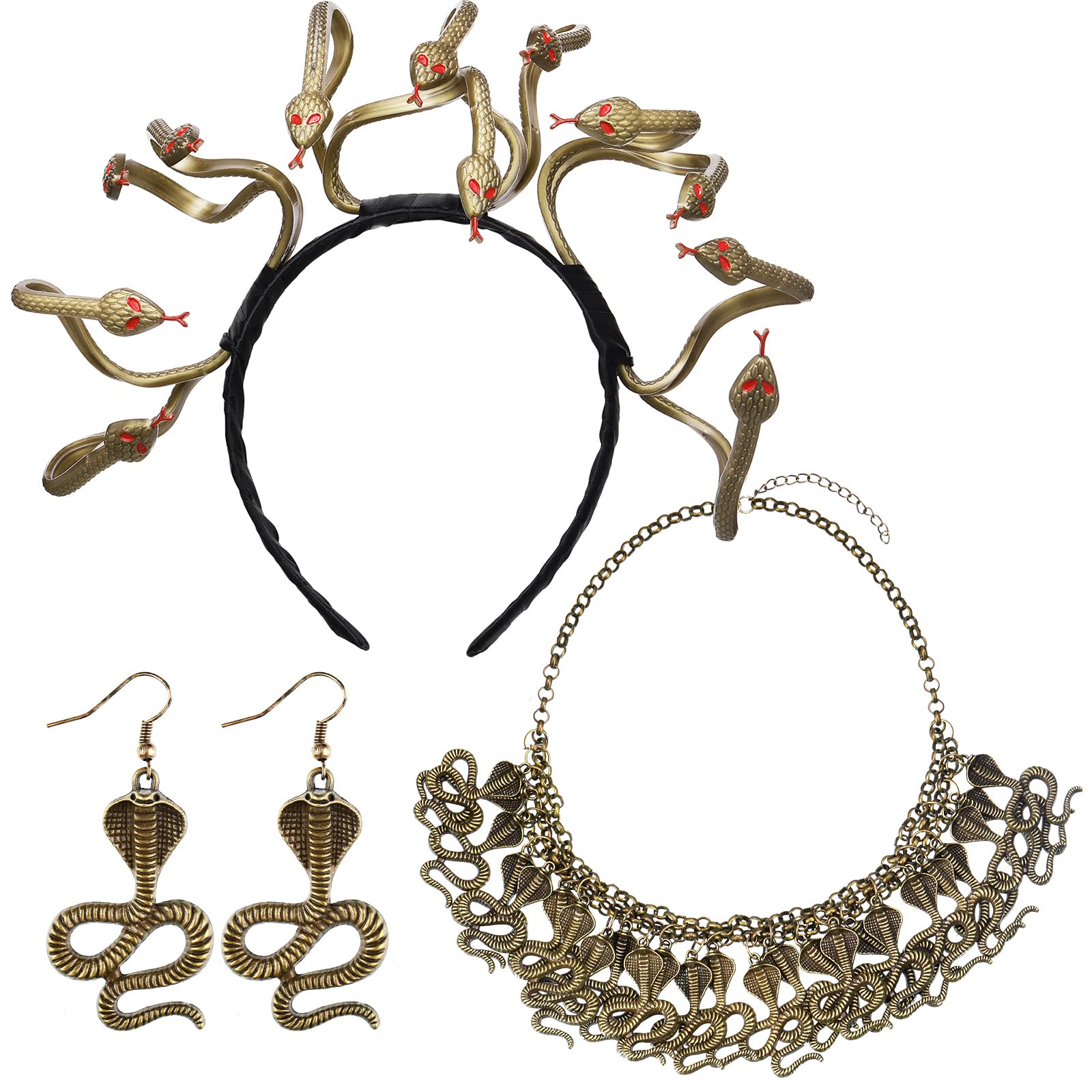 JutomMedusa Style Snake Headband Multi Layered Snake Choker Necklace Snake Earrings, Halloween Medusa Cosplay Costume Accessories Necklace Jewelry Long Snake Earrings for Women Halloween Masquerade