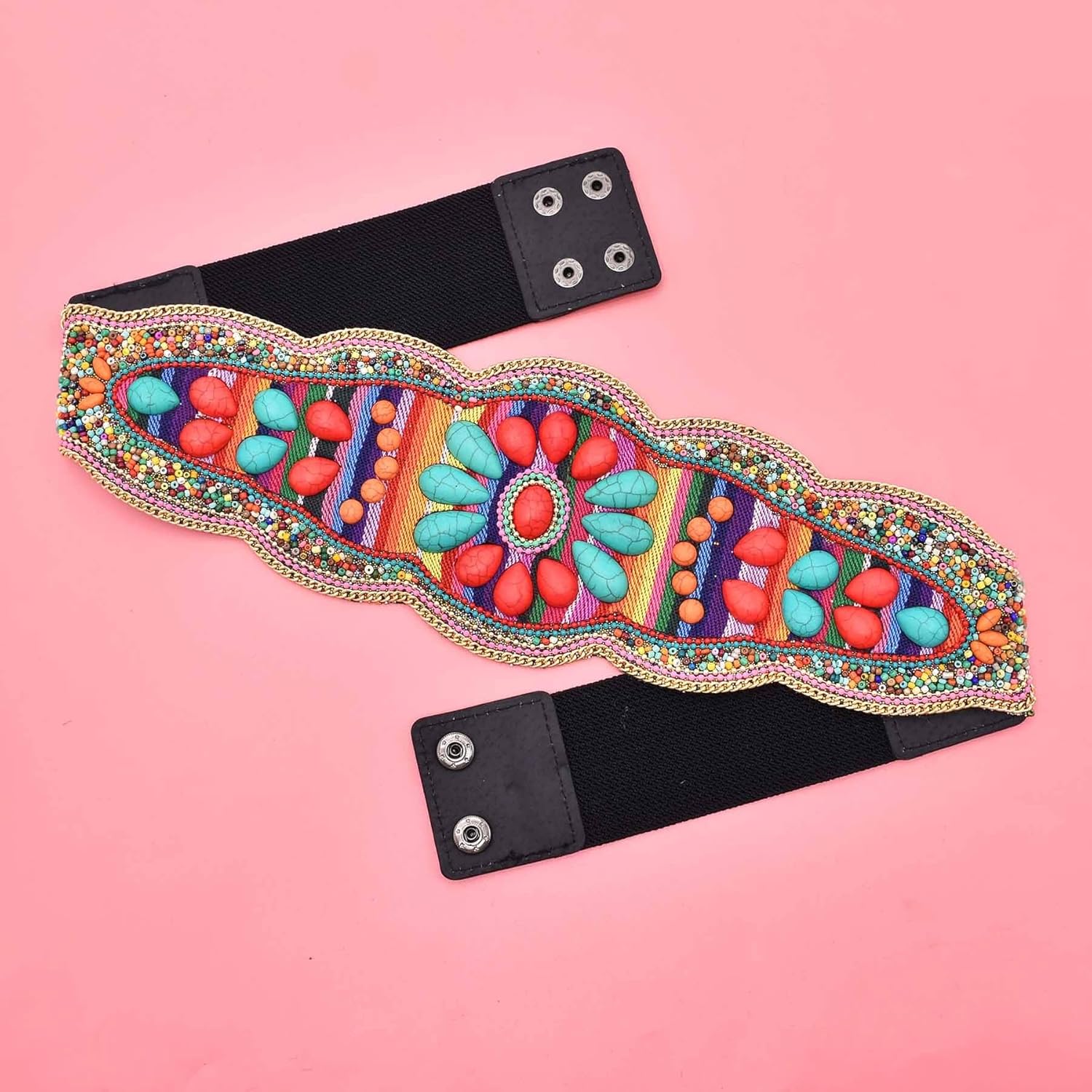 idealway Bohemian Women Belts Handmade Beads Ethnic Statement Wide Elastic Body Belt for Girls Women Dresses - Image 4