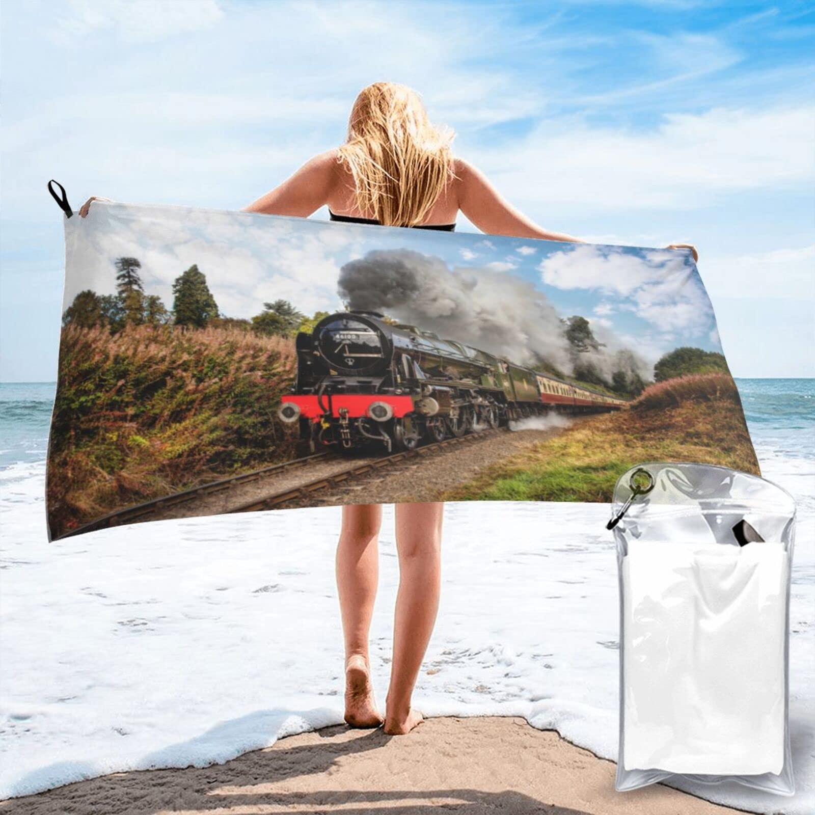 Lawenp Train Microfiber Beach Towel Adults Large Quick Drying Bath Towel Travel Towels with Pouch 27.5"x55"