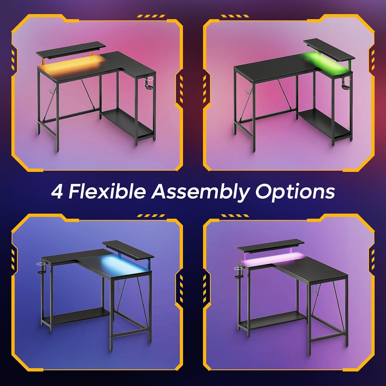 Four flexible assembly options for the L-shaped gaming desk