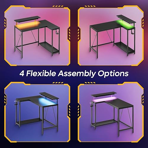 Miniatura 6 de Escritorio reversible para juegos de 42 pulgadas con soporte para monitor, escritorio de computadora con luces LED, escritorio de esquina en forma