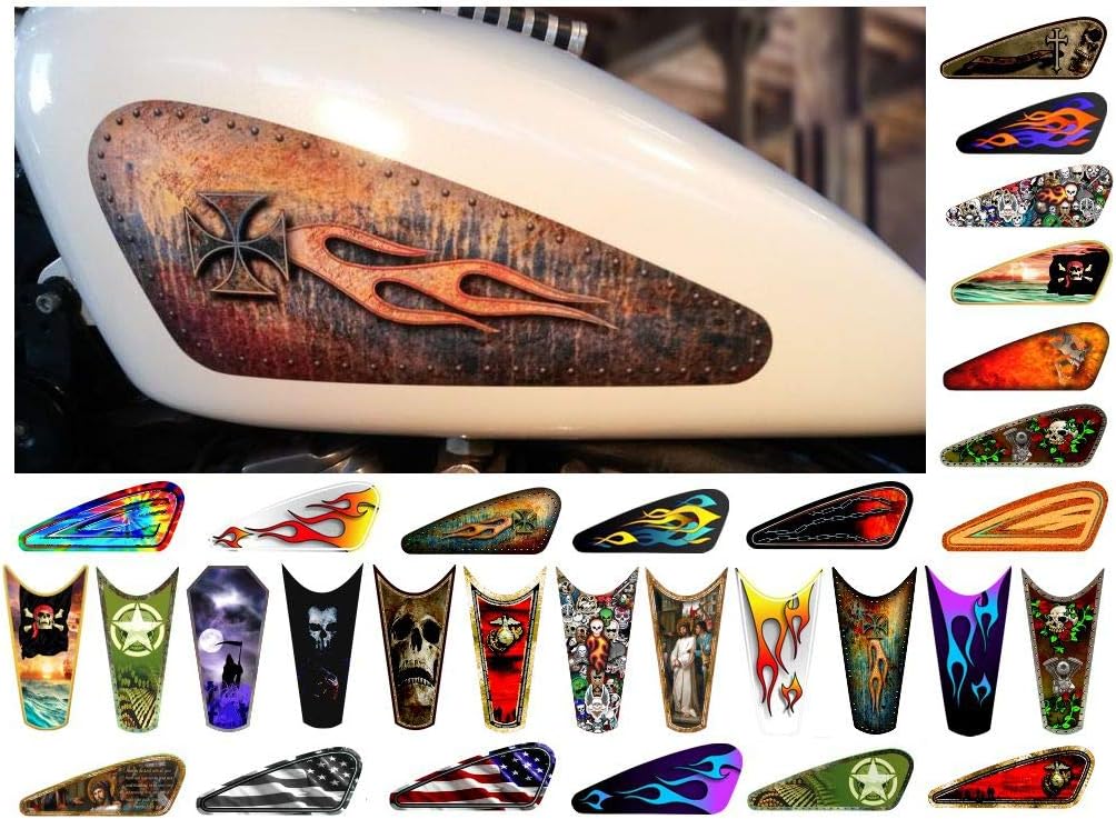 Motorcycle Gas Tank Decals/Sets - for Harley Davidson Sportster Honda Shadow Suzuki Kawasaki Indian Yamaha (Riveted Chopper Cross - Rusted - 2pc Side Tank Decals)