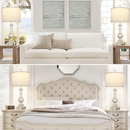Miniatura 7 de 26" Farmhouse Table Lamps Set of 2, Rustic Touch Control Bedside Lamps with 2 USB Ports & AC Outlet, Vintage White Resin 3-Way Dimmable Nightstand