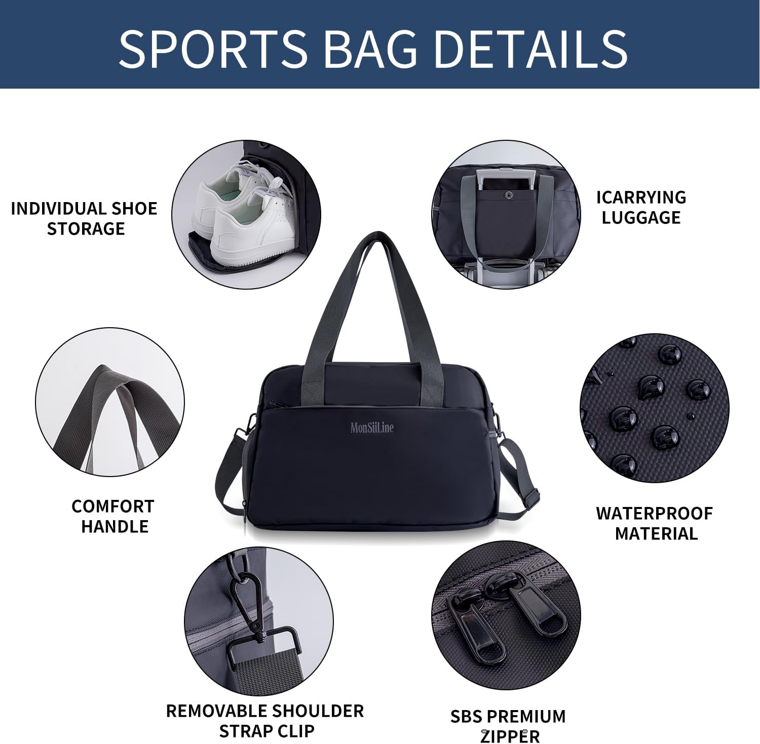 Gym Bag for Women Men with Shoe Compartment, Waterproof Small Duffle Bag for Travel, Sports, Weekend Lightweight Carry On Tote Bag (Black) - Image 5