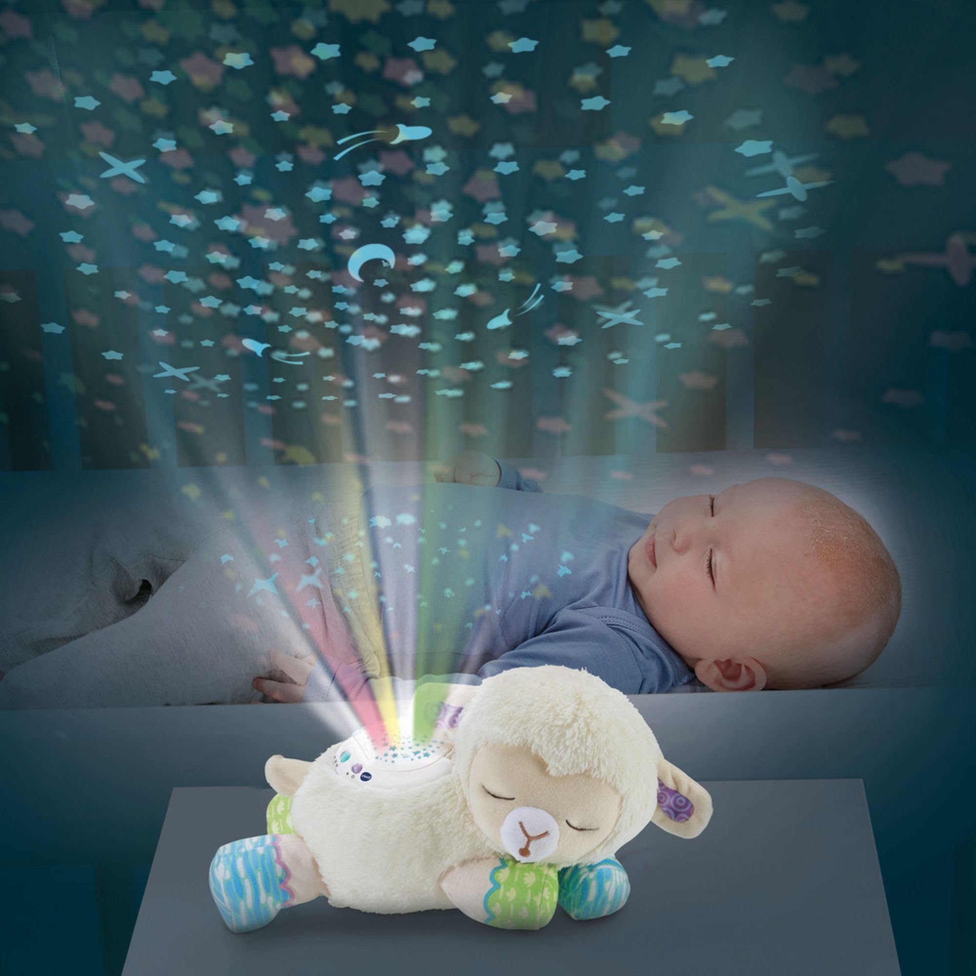 VTech - Manon, Lumi Mouton Nuit Étoilée 3 en 1, Peluche Apaisante, Veilleuse Bébé Musicale, Projection Lumineuse au Plafond, Musique Douce, Bruits Blancs, Cadeau de Naissance - Contenu en Français
