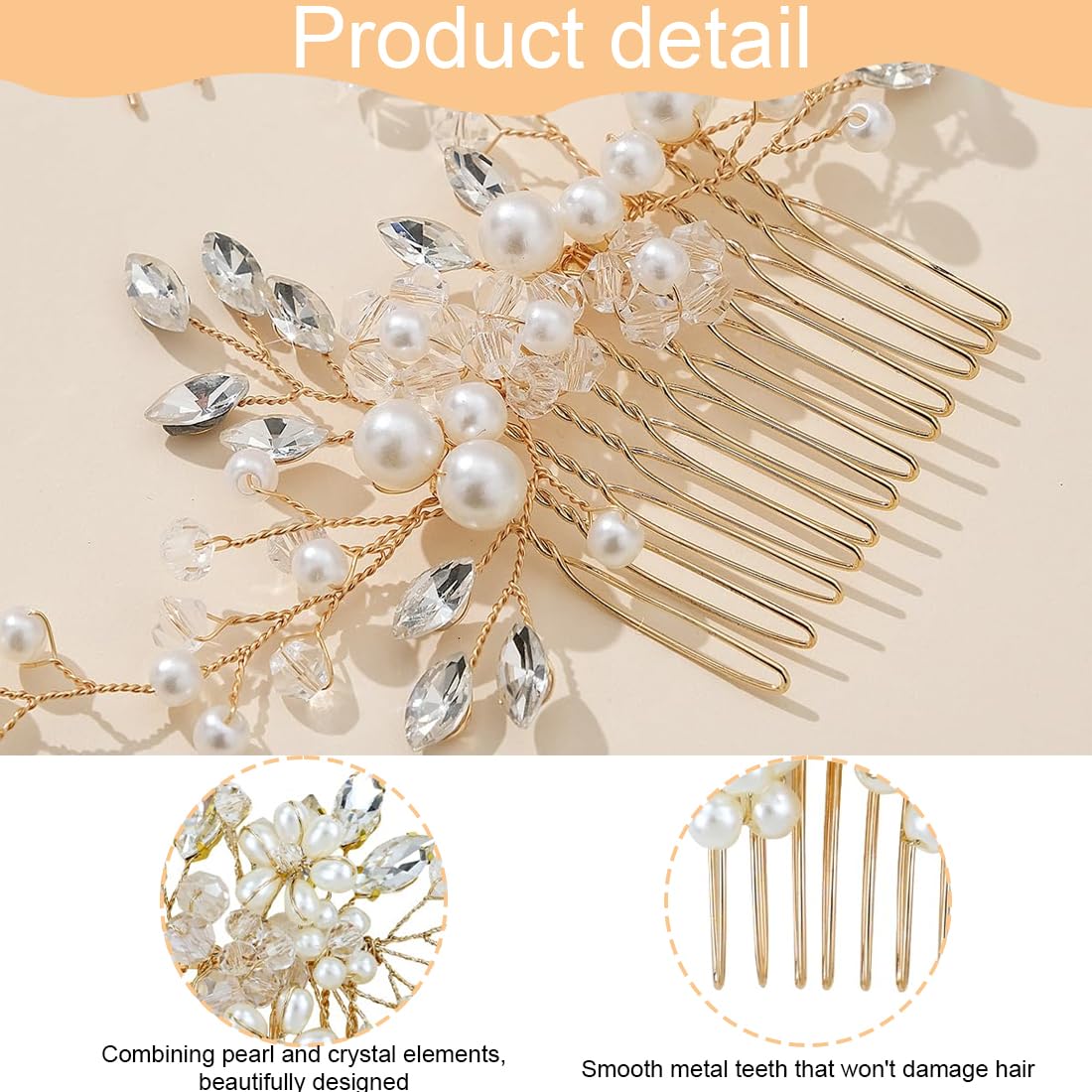 Accessori per Capelli Oro, 3 Pezzi Fermaglio Capelli Oro, Cristalli e Perle Pettine Sposa per Capelli, Accessori per Capelli Donna e Ragazze