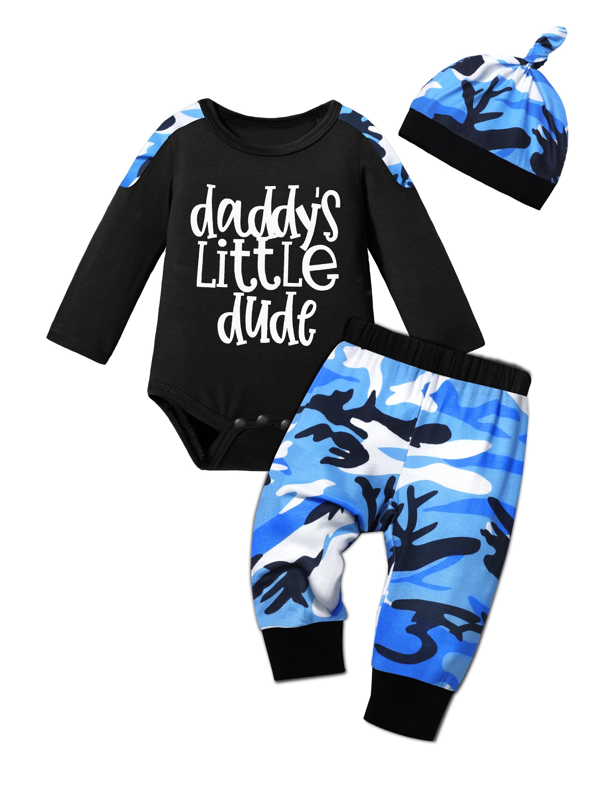 Oranchids Baby Boy Clothes 3-6 Month Daddy's Little Dude Camo Romper + Camouflage Pants + Hat Outfit Black