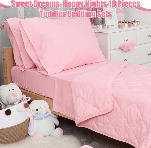 Miniatura 6 de Peryiter Juego de ropa de cama de 10 piezas para niños pequeños, juego de sábanas para niños pequeños, color rosa, incluye edredón, sábana encimera,