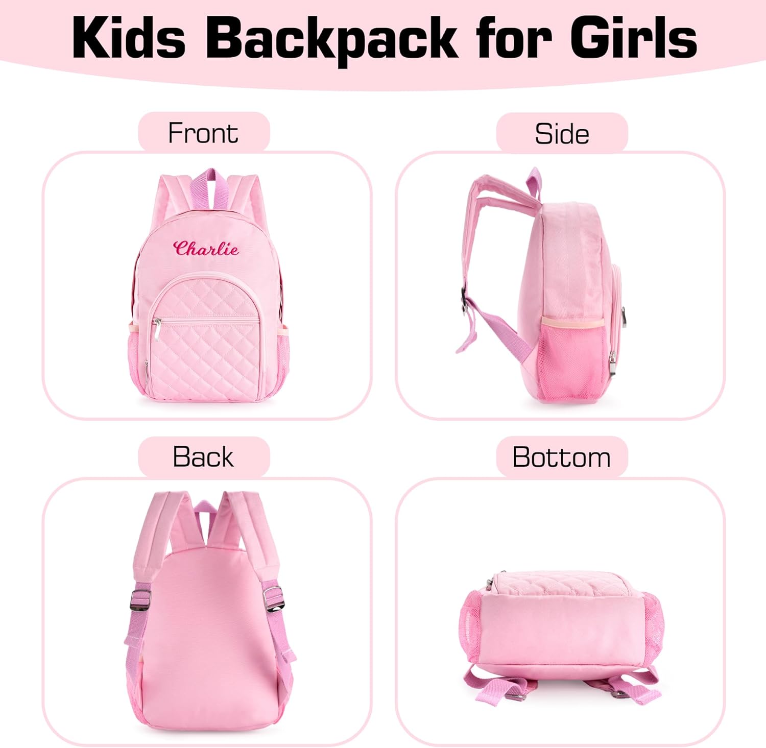 Small Princess Daycare Backpack Pink Quilted Custom Backpack with Name Lightweight Travel Hiking Daypack-12inch