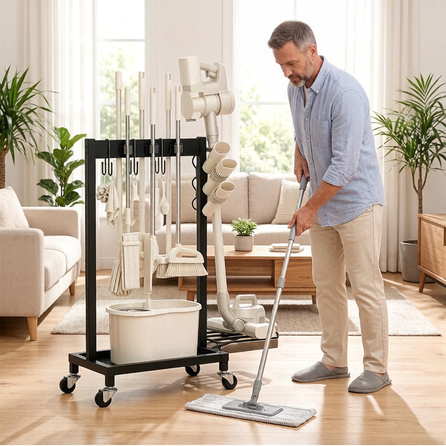 Besenhalter mit Ablage für Reinigungsutensilien, Besenhalter auf Rollen, Halter für Besen und Mopps, Reinigungswagen mit 6 Mopp-Haken, inklusive 3 Doppelhaken, Tragkraft 68 kg