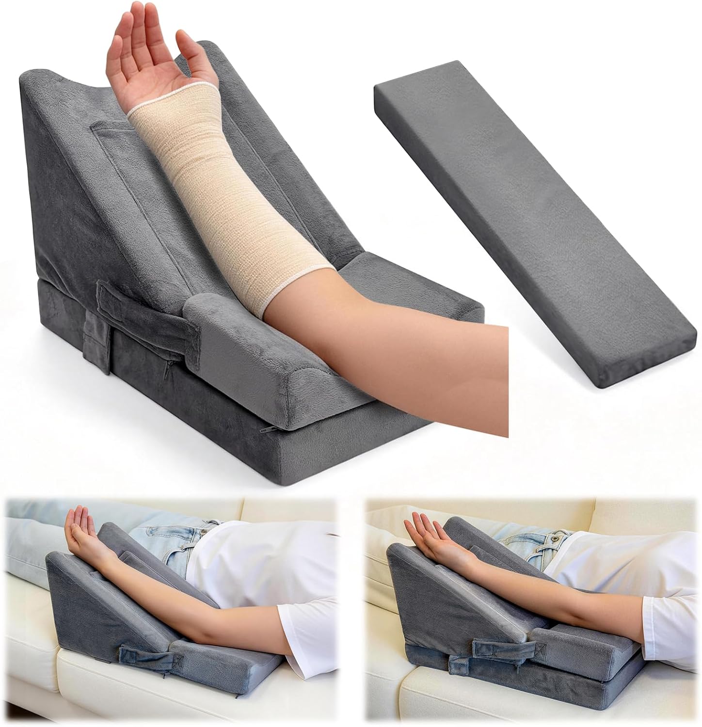 Arm Wedge Pillow Adjustable Arm Elevation Pillow with Pocket High Density Foam Ergonomic Hand Elbow Support Pillows with Removable Cover, Grey