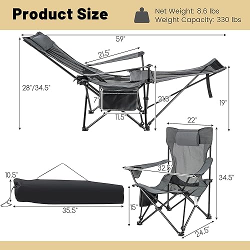 Miniatura 3 de GYMAX Silla de campamento, silla reclinable ajustable con reposapiés extraíble, almohada acolchada, portavasos y bolsillo lateral, silla plegable de