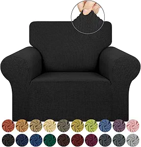 KEKUOU Stretch Single Sofa Slipcover 1 Piece Couch Sofa Cover (31"-55") Furniture Protector 1 Seater Sofa with Elastic Bottom for Kids,Pet.Jacquard Small Checked Pattern Fabric(Small,Black)