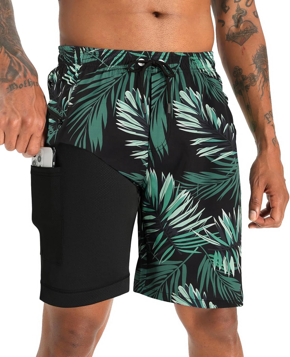 2 in 1 Men's Swim Trunks Bathing Suit with Zipper Pockets Built-in Board Shorts - Picture 29 of 32