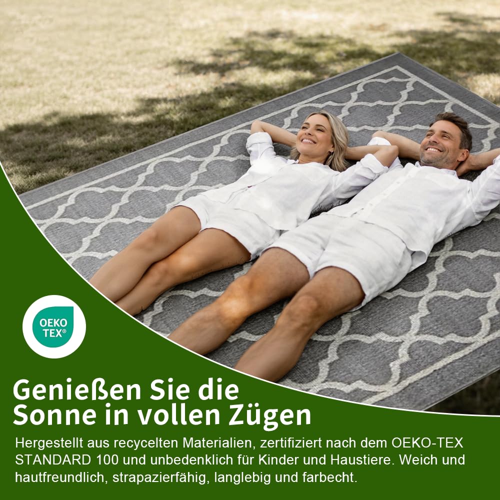 Outdoor Teppich Wetterfest 160x230 cm, Frühling Camping Teppich, Wasserdicht Balkon Terrasse Matte Rug Carpet für Garten Patio RV Picknick, Rug UV-Beständig Waschbar Tragbar, Graue Gitter