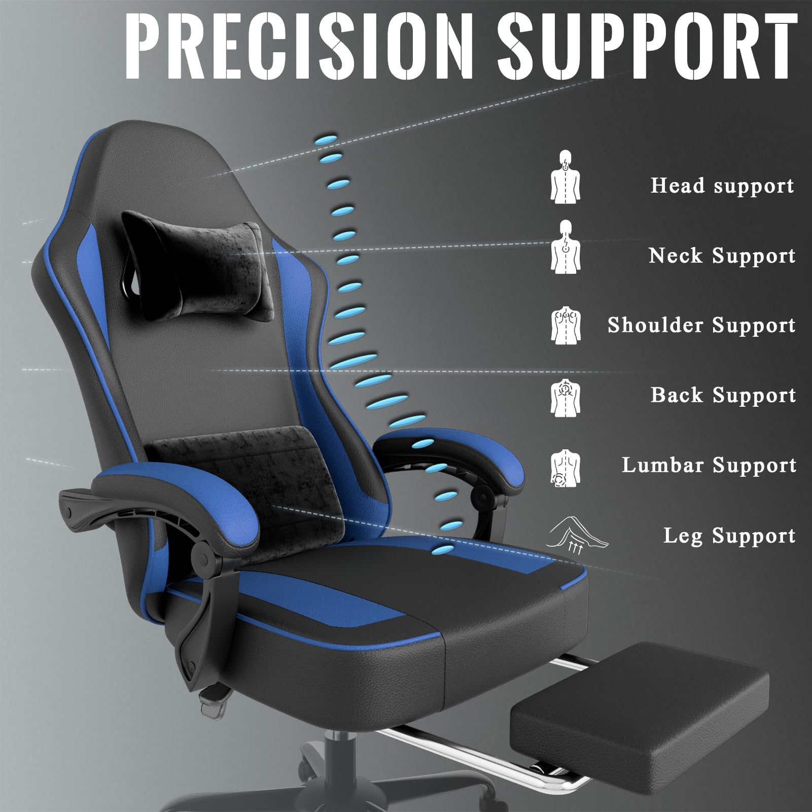 Cavabien Gaming Stuhl mit Taschenfederkernpolsterung und Fußstütze, ergonomischer Computerstuhl für Erwachsene, atmungsaktiver Gaming-Stuhl aus PU-Leder (Blau)