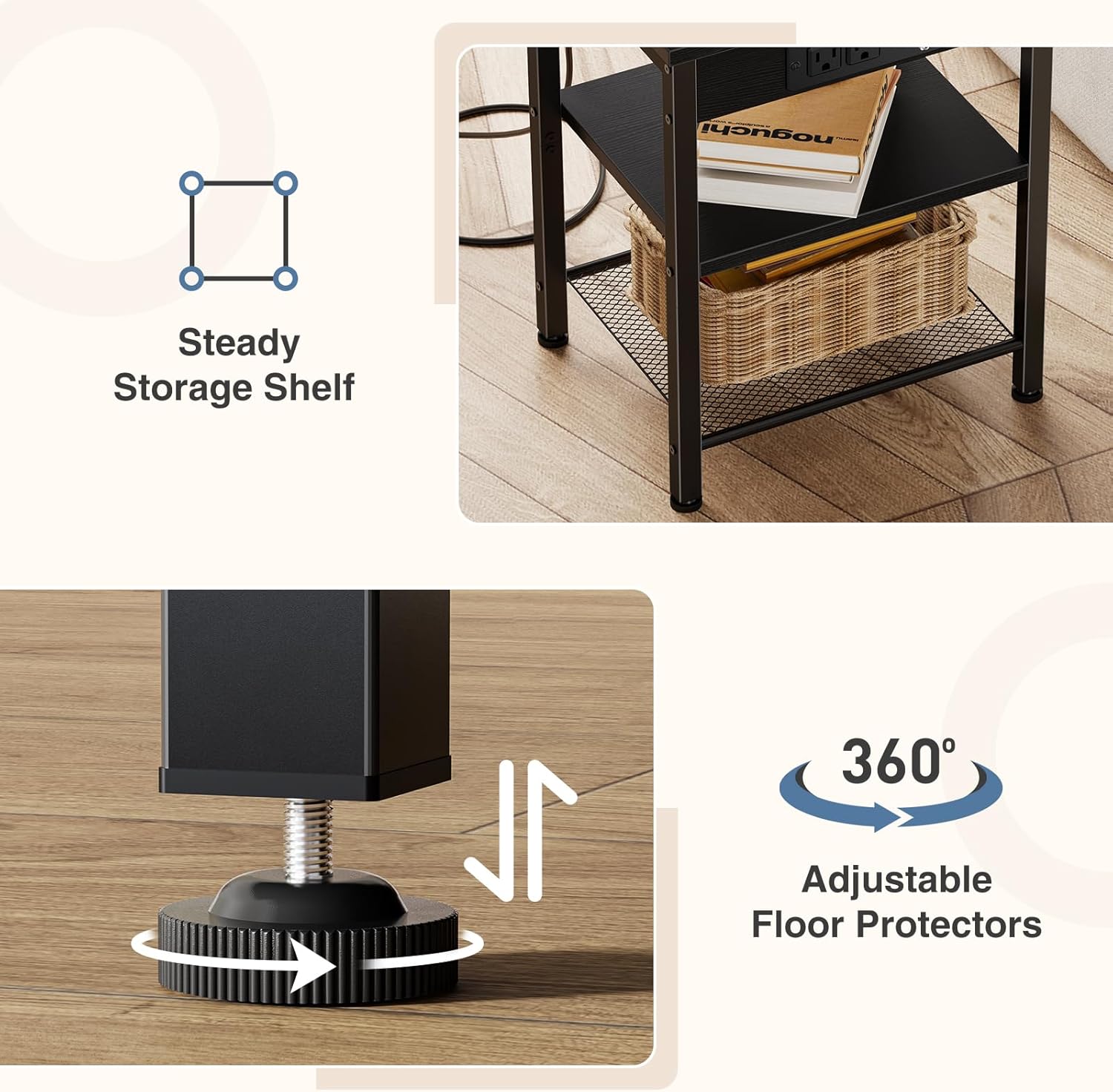 DUMOS 15.7" Small Side Table with Charging Station, End Table with Outlets & USB Ports, 3-Tier Adjustable Storage Nightstand for Living Room, Bedroom, Small Spaces, Record Player Stand, Black