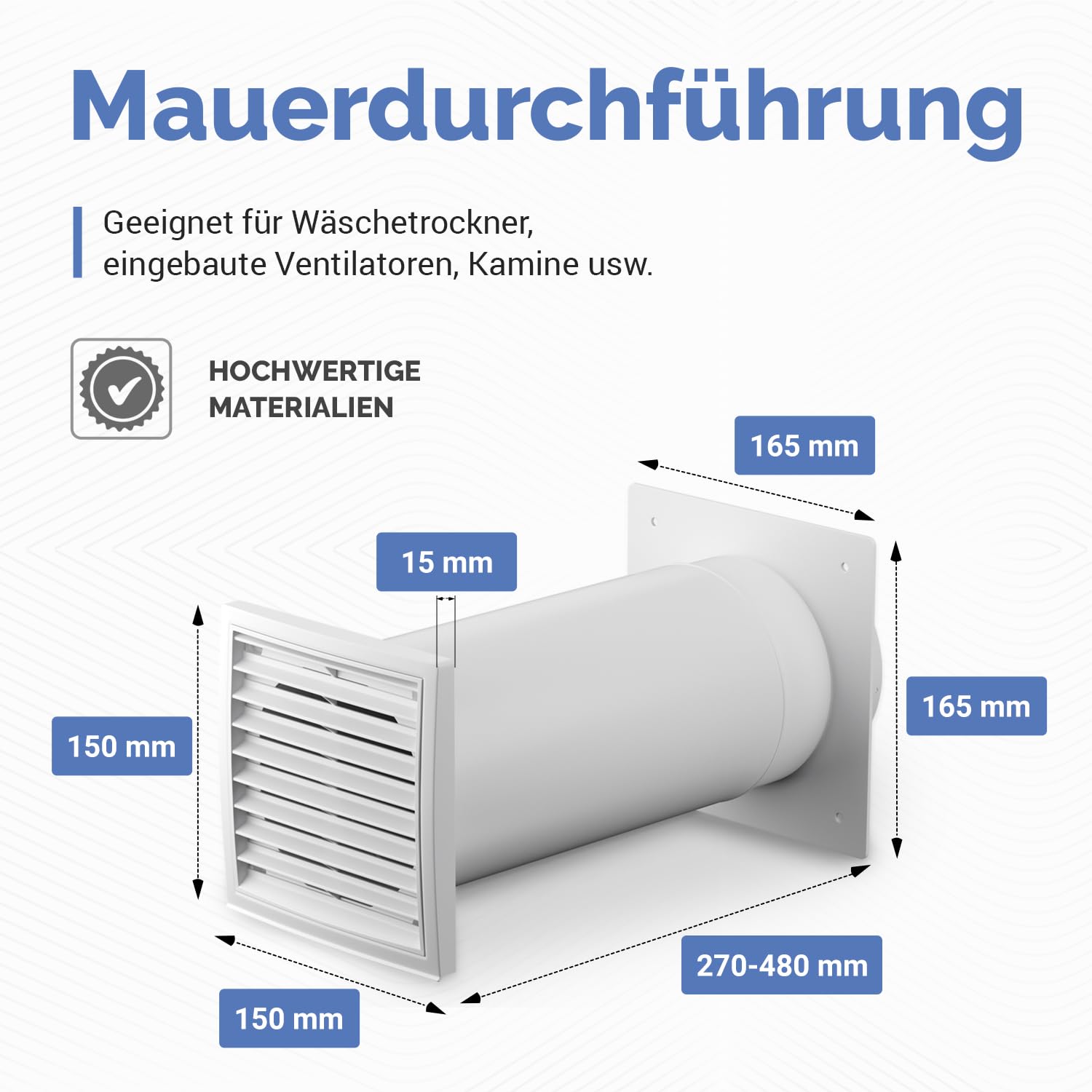 VIOKS Mauerkasten 125 mit Rückstauklappe und Außengitter Ausziehbar | Mauerdurchführung Dunstabzug, Wanddurchführung Klimaanlage Wandanschluss