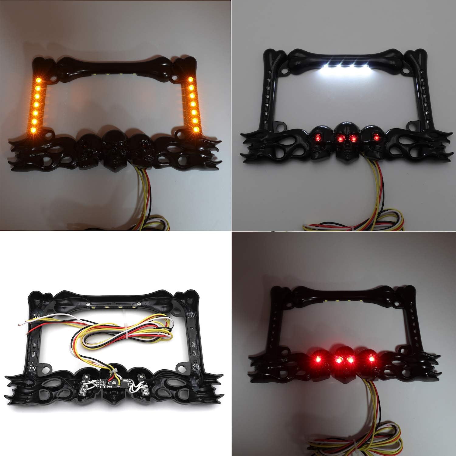HTTMT- 3D Black Skull Flame Bone License Plate Frame w/LED Run Brake Turn Compatible with H-D Kawasaki [P/N: MT294-006A-BK]