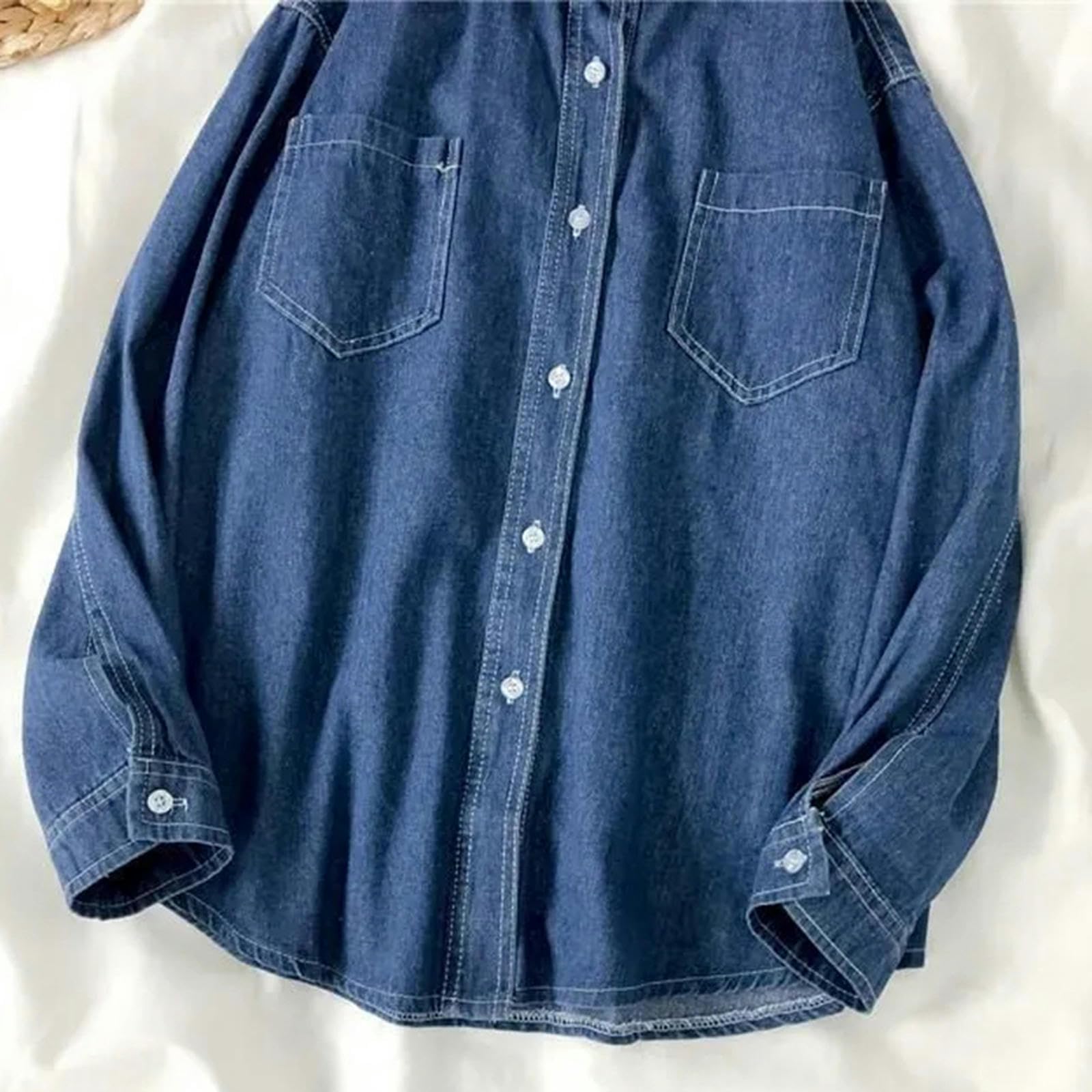 Camisa Vaquera de Manga Larga de otoño Camisa con Bolsillo de un Solo Pecho Camisa Vaquera de Solapa para Mujer Mujer-8335 Azul-XL