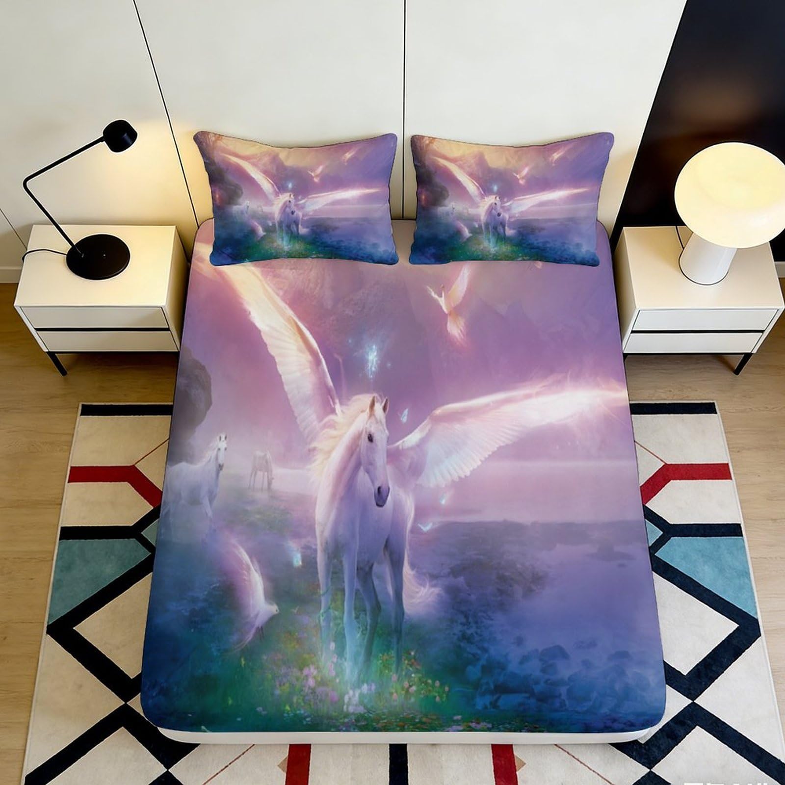 3D Printed Angel Fantasy Fitted Sheet Microfiber Soft Purple Blue Bed Cover for Bedroom Dorm Mattress Decor 90x200x25cm
