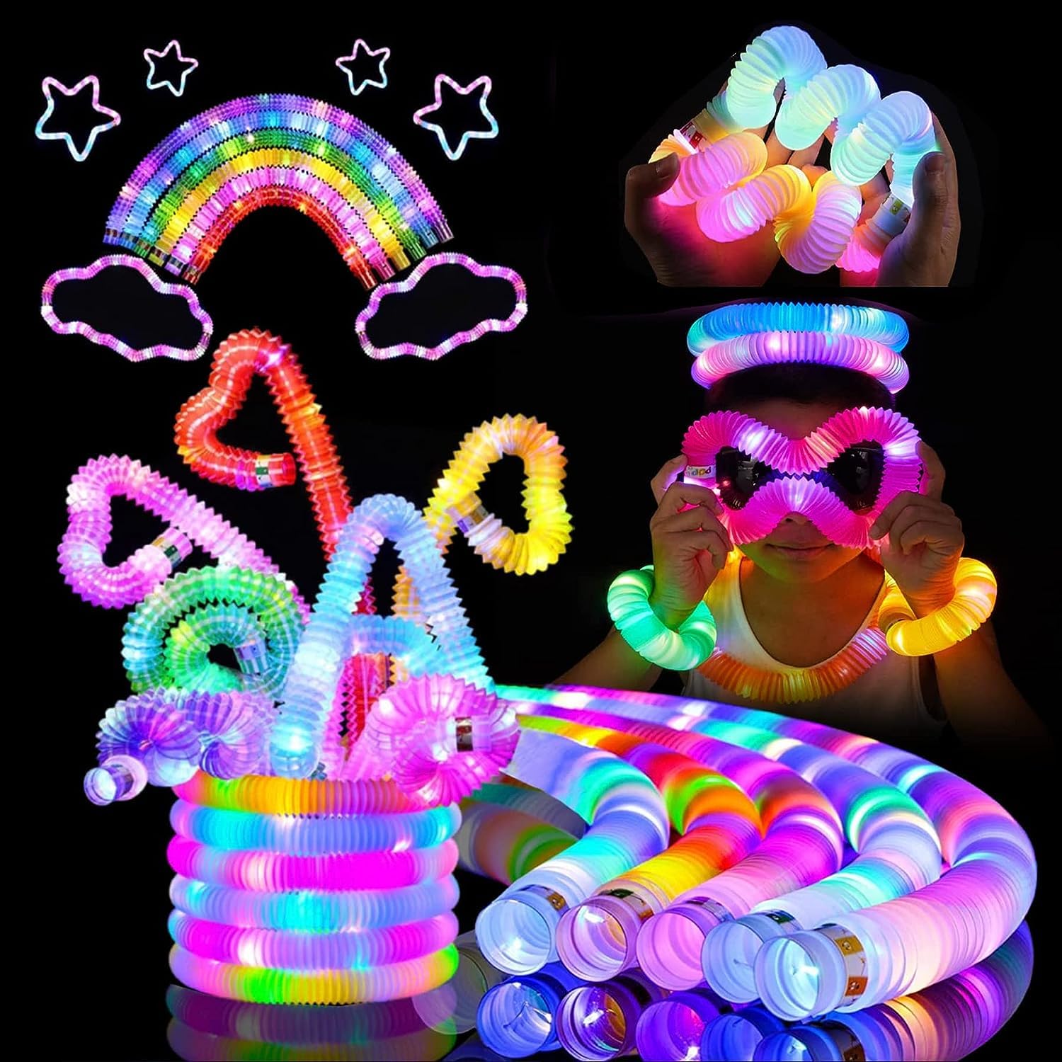 Xrten 12pcs Light Up Pop Tubes, Colorful Tubes, Led Pop Glow Sticks Toys Party Supplies Party Bag Fillers For Kids Gifts Party Supplies