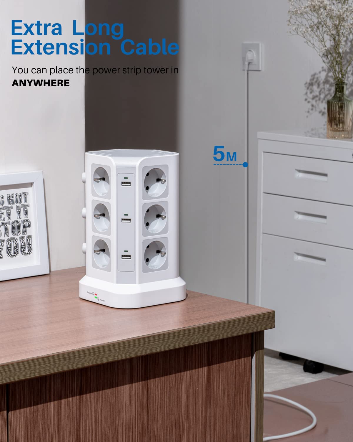 [5M CAVO] KOOSLA Multipresa verticale protezione sovratensione(4000W/16A), Ciabatta torretta multipresa con 12 prese e 6 slot USB-A, 3 interruttori indipendenti, 5M Cavo, Bianco