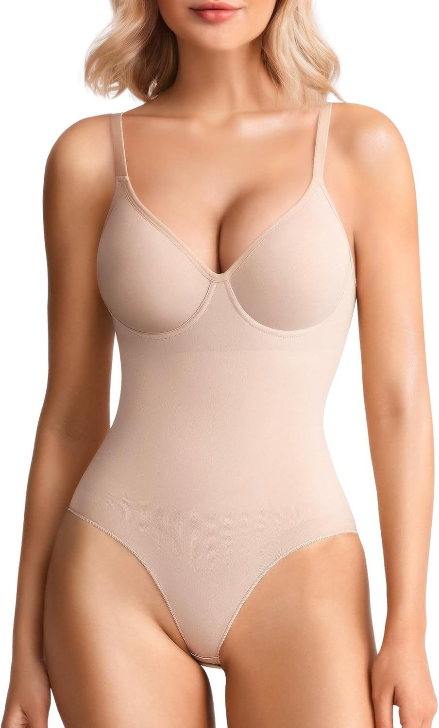 BRABIC Shapewear Bodysuits for Women Tummy Control Shapewear Seamless Deep V-Neck Body Shaper with Built-in Bra