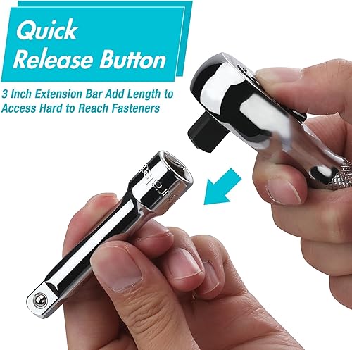 Miniatura 7 de DURATECH Juego de 56 piezas de llave de trinquete de 1/4 de pulgada y juego de puntas de destornillador, juego de trinquete rechoncho, trinquetes de