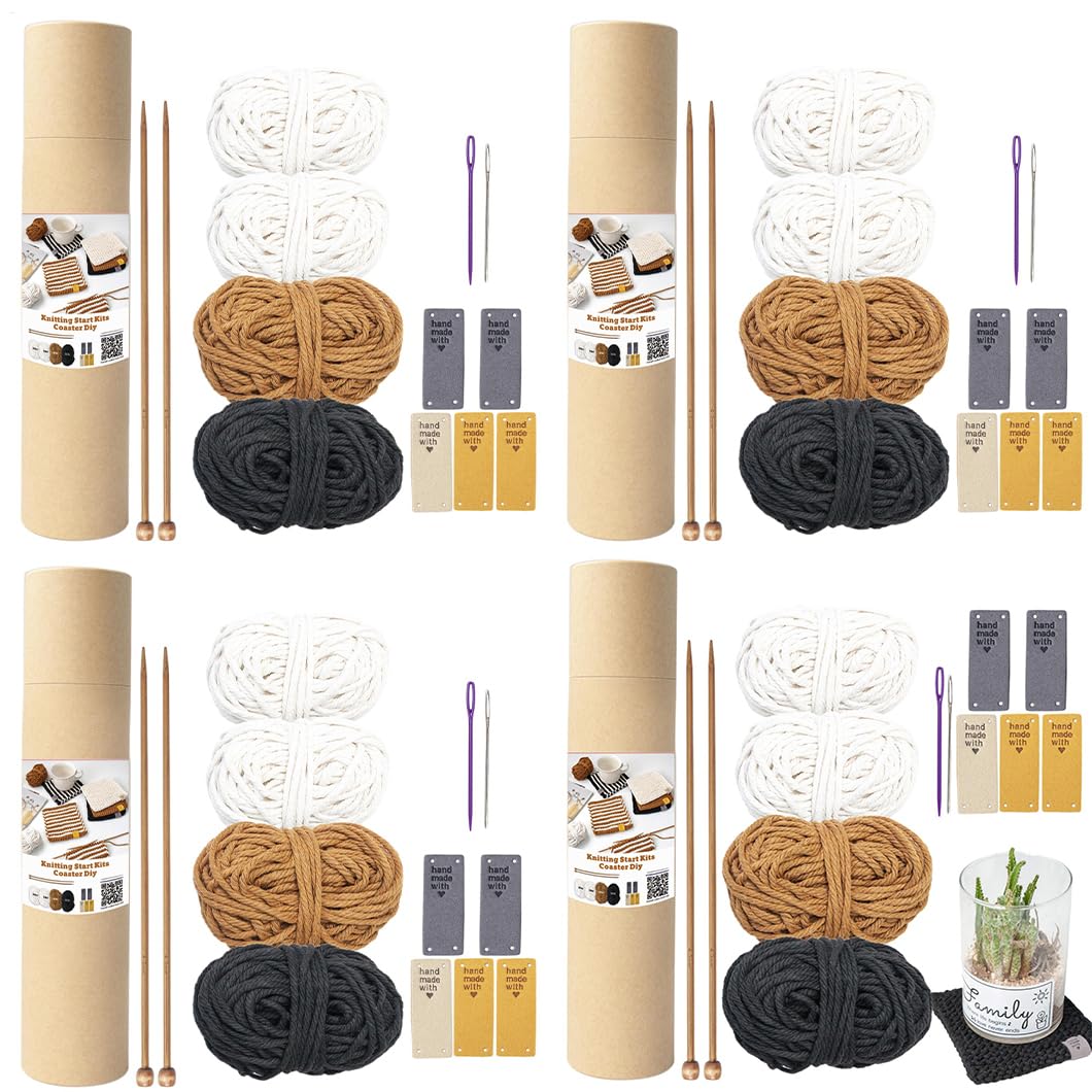 4 SET Strickset Für Anfänger Erwachsene Komplett, Mit Stricknadeln | Teetasse Matte Garn Zum Stricknadeln Für DIY Handwerk, AnfängerGeschenkidee Bastelbedarf Und Kits