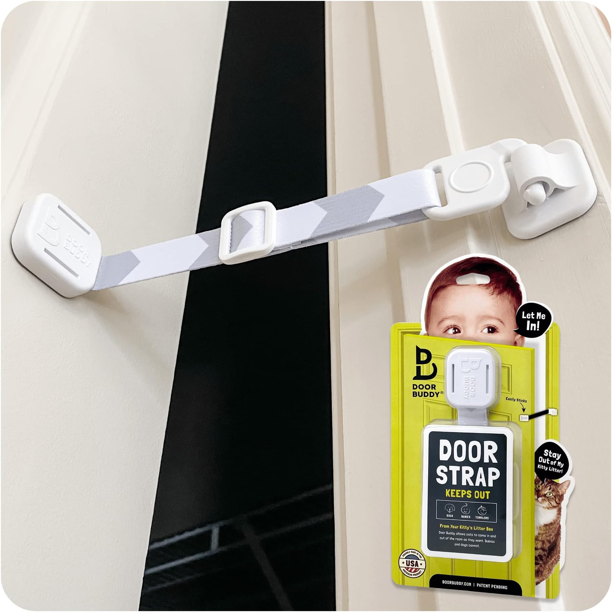 Door Buddy Baby Proof Door Lock with Adjustable Strap. No Need for Baby Gate. Child Proof Room with Litter Box while Cats Enter Easily. Installs in Seconds and is Simple & Convenient to Use. (Grey)