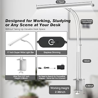 Airlonv LED Desk Lamp with Clamp, Dimmable Task Light for Home Office