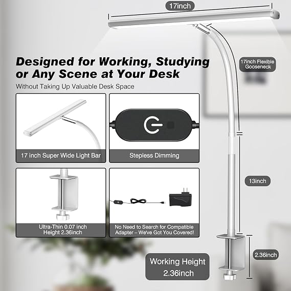 Airlonv LED Desk Lamp with Clamp, Dimmable Task Light for Home Office