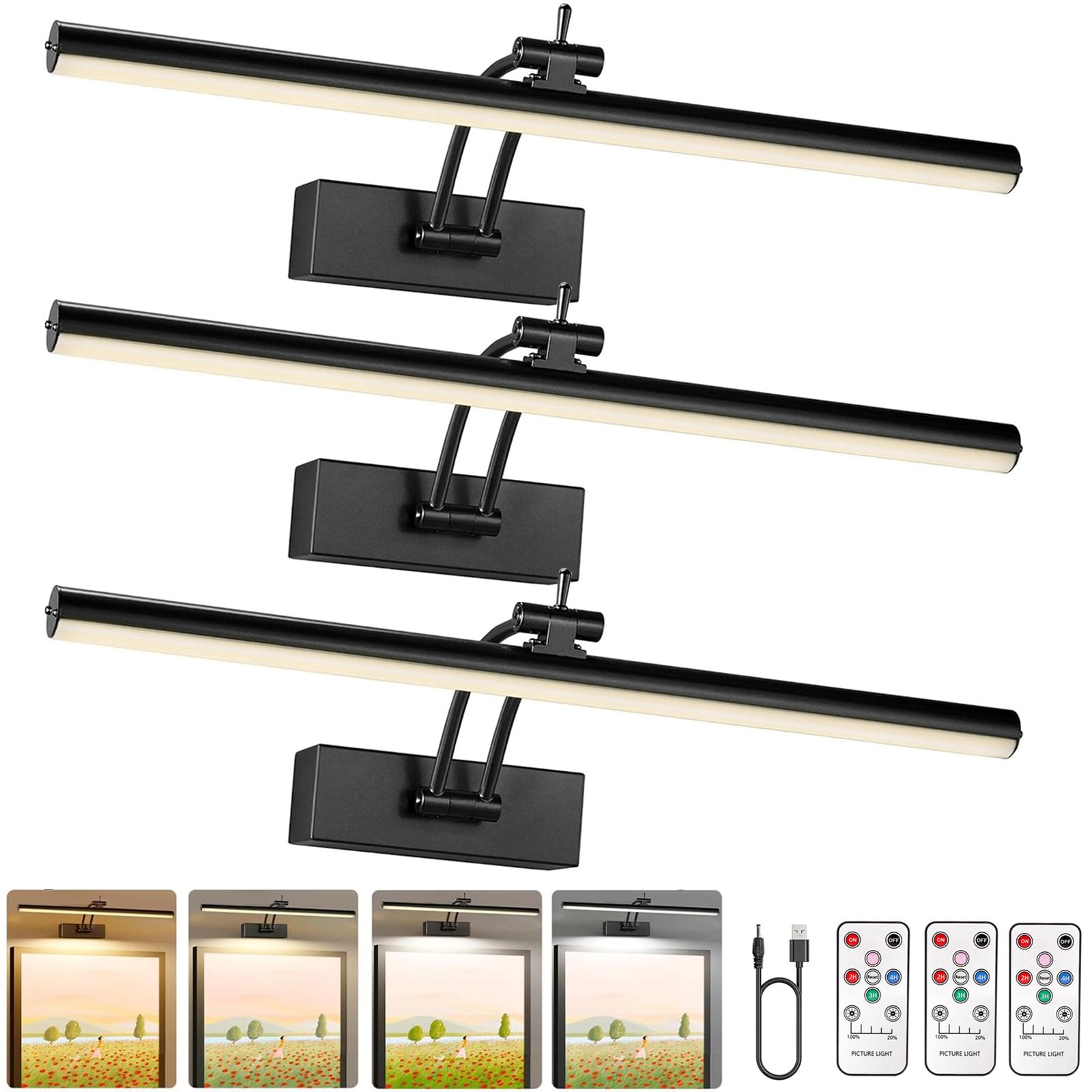 Yuichoy Confezione da 3 luci per foto da parete a batteria, illuminazione artistica wireless da 40,6 cm per pittura, 6 colori con telecomando, dimmerabile 5200 mAh, luce da galleria nera