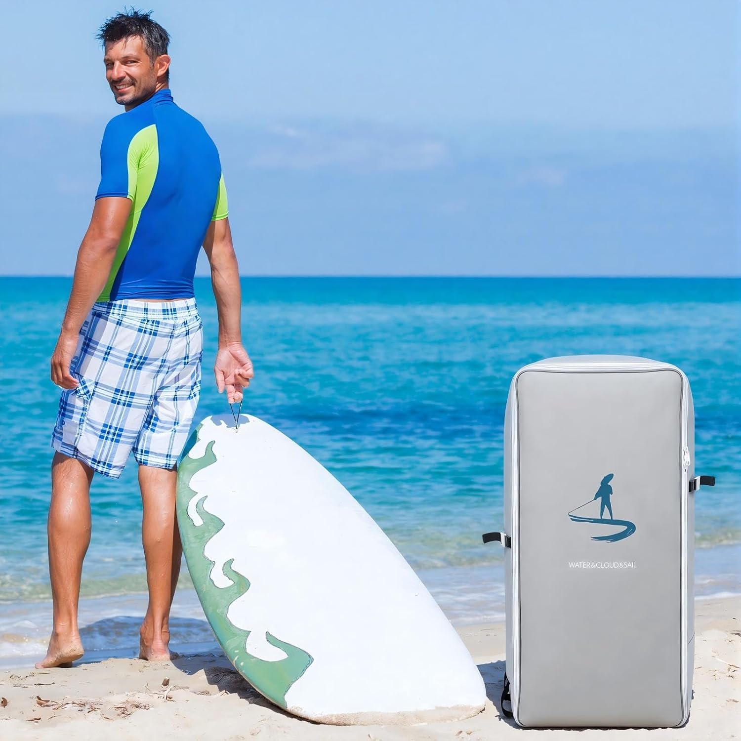 Thinkday 105L Waterproof Paddleboard Backpack and 10ft Coiled Leash Set Portable Surfboard Carry Bag with Ankle Safety Strap for Surfing Kayaking