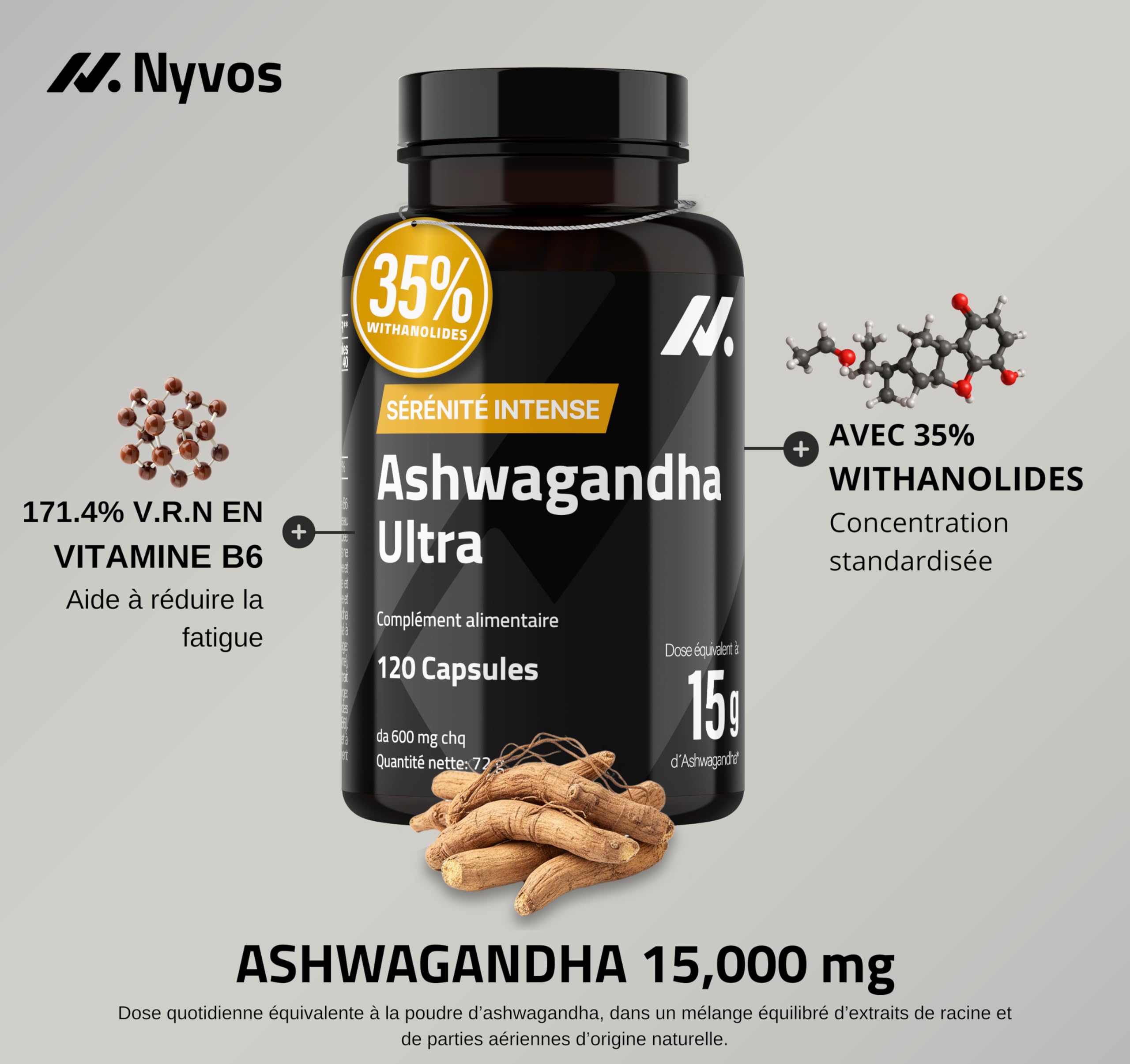 Ashwagandha Shoden Ultra® 35% de Withanolides – 15 000 mg équivalent | 7x plus concentré que l’Ashwagandha KSM-66 | Soutien à la concentration, au sommeil profond et à l’énergie | 120 gélules – Nyvos