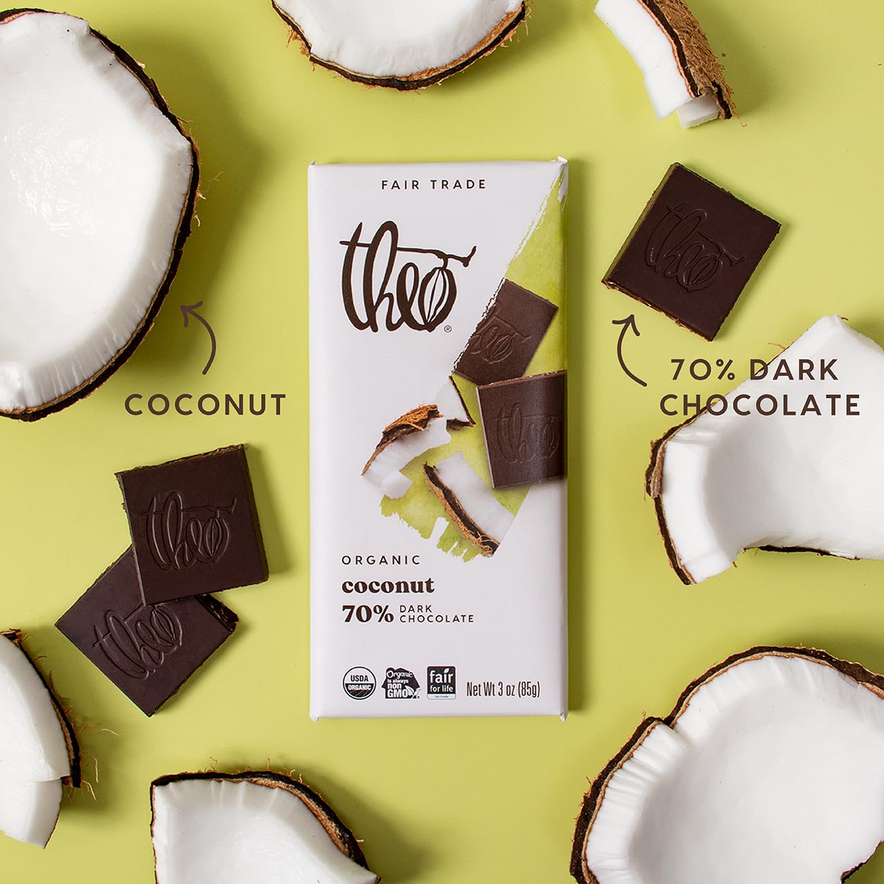 Theo Chocolate Coconut Organic Dark Chocolate Bar, 70% Cacao, 6 Pack | Vegan, Fair Trade