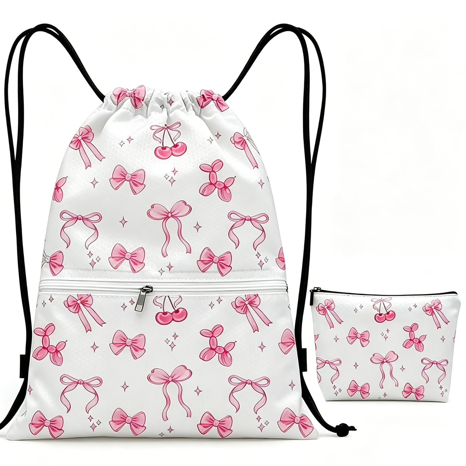 nnOuOnn Bow Waterproof Drawstring Swimming Bag for Kids, Cute Bows Large Capacity Drawstring Combination Backpack Swim Gym PE Bag with Zipper for Women Girls School Travel (White)