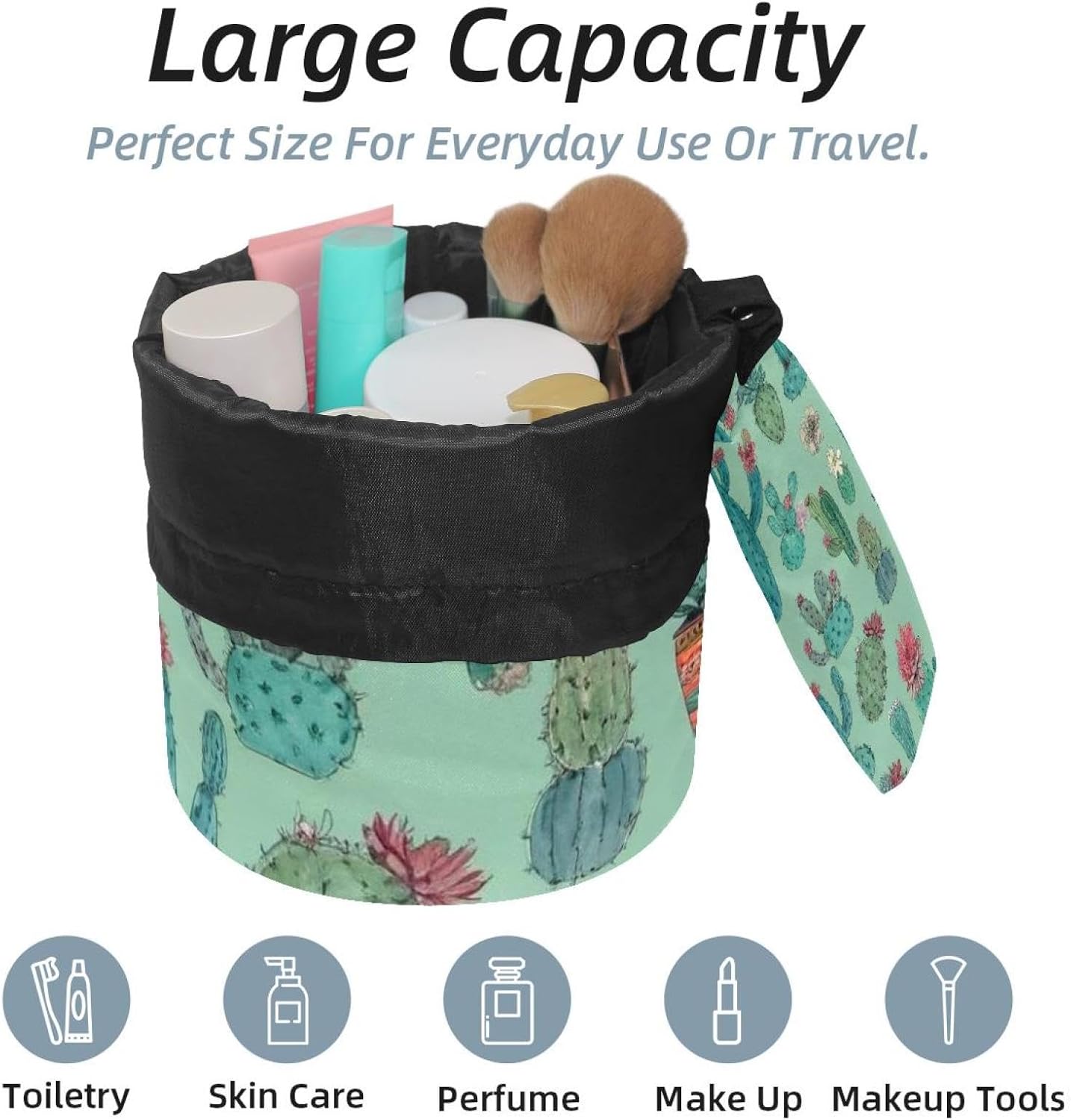 2PCS Colorful Cactus-95 Travel Cosmetic Bag Makeup Organizer, Drawstring Bathroom Cases - Cylindrical & Small Toiletry Bag image 2