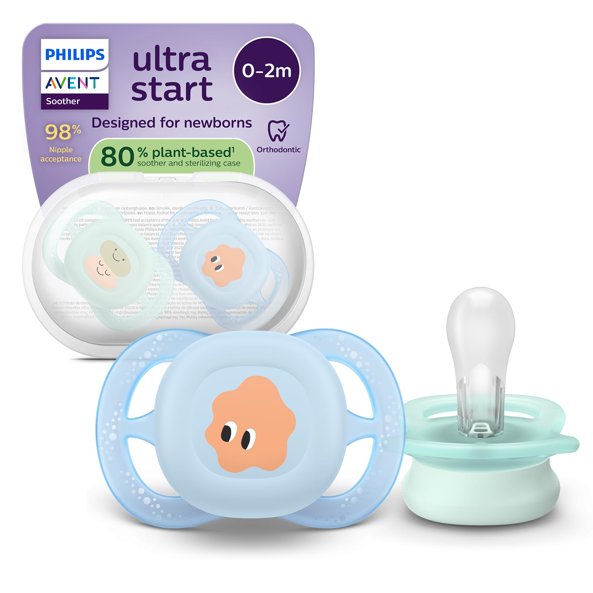 Philips Avent Ultra Start Soother - Orthodontic Design, for Newborns, Soft Silicone Symmetrical Teat, BPA-Free, with Sterilizing Case, 2 Pack, SCF075/14